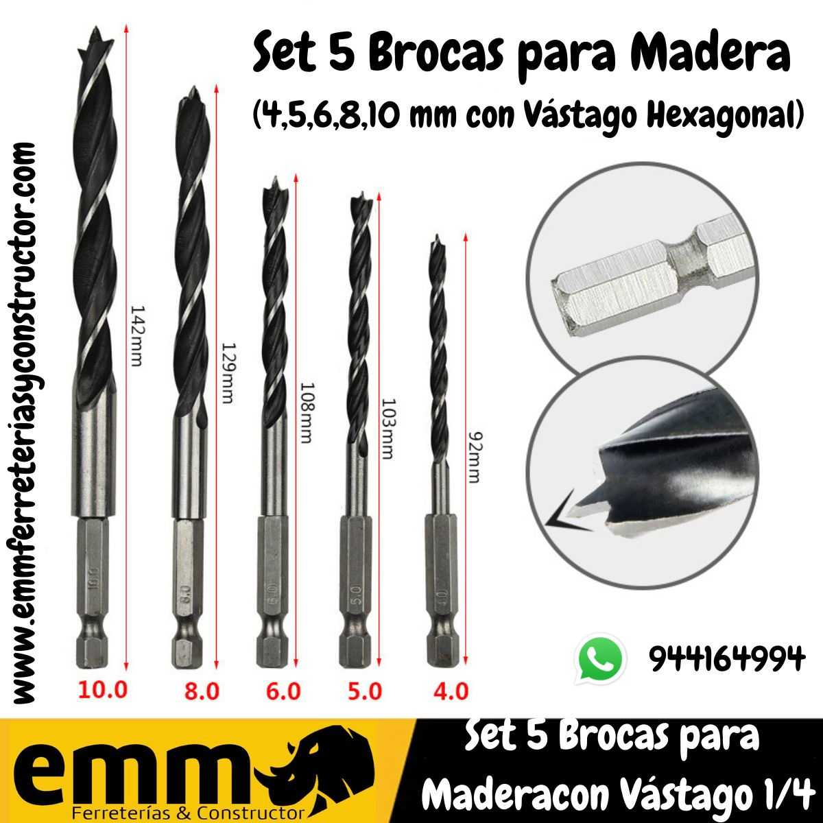 Juego de 5 Brocas para Madera (4,5,6,8,10 mm con Vástago Hexagonal) - EMM  Ferreterías & Constructor