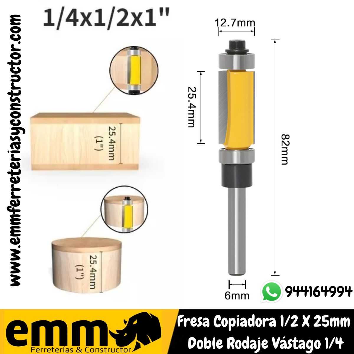 Fresa Copiadora Vastago De 6mm 1/4*1/2*38 Doble Rodamiento - EMM  Ferreterías & Constructor